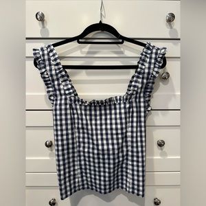 Ruffle-trim stretch cotton poplin top in gingham.
